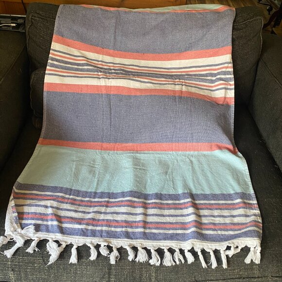 Preppy pastel striped white fringe 32x62" cotton blend beach towel - Picture 11 of 12